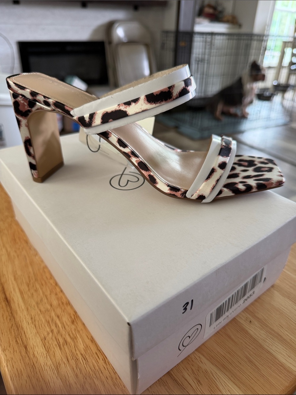 Leopard Print Block Heel Sandals with White Straps